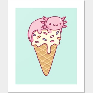 Cute Axolotl On Vanilla Ice Cream Cone Funny Posters and Art